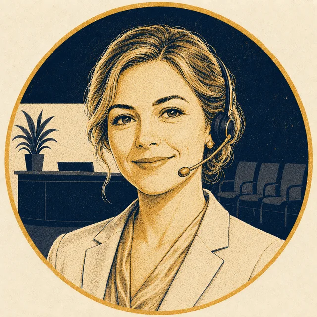 Illustrated portrait of Claire wearing a headset at a practice front desk