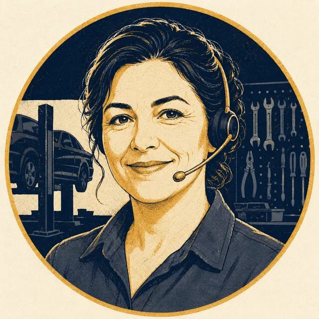 Illustrated portrait of Debbie wearing a headset at an auto-shop counter