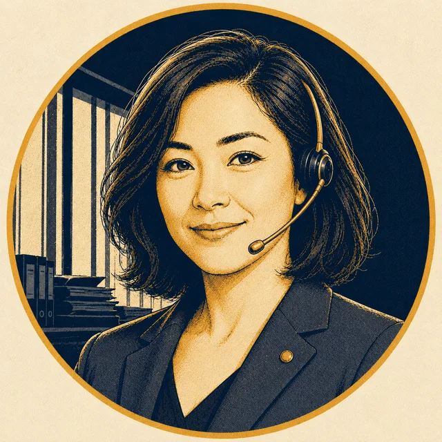 Illustrated portrait of Mindi wearing a headset in a law office